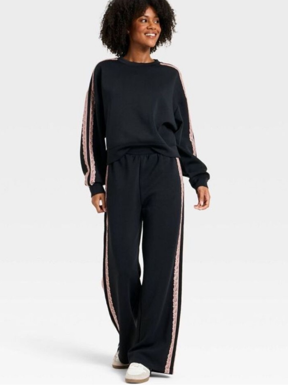 All in Motion Airy Sleek Black Wide-Leg Track Pants with Lace Side Stripe